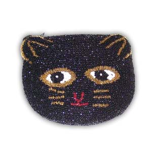 Beaded Coin Purse - Cat, Black