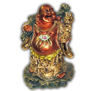 Happy Buddha with Chinese Dragon Ru Yi, 8 inches
