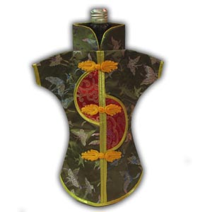 Oriental Chinese Brocade Wine Bottle Cover - Dress Form, Green