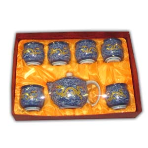 Oriental Teaset with Gift Box - Dragon, Blue