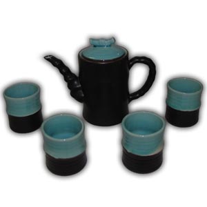 Asian Porcelain Teaset - Bamboo Form (Brown & Blue)