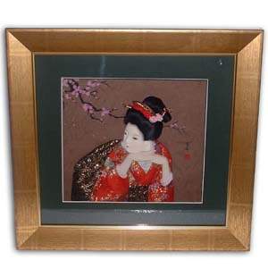 Oriental Japanese Geisha Picture - Brown Flower with Hand Up