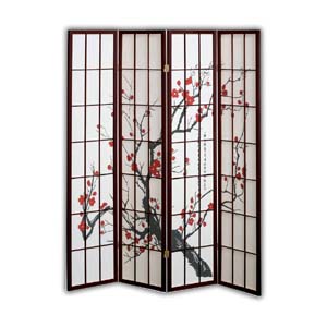 Shoji Rice Paper Screen Room Divider, 4 Panels, Red Blossom, Brown